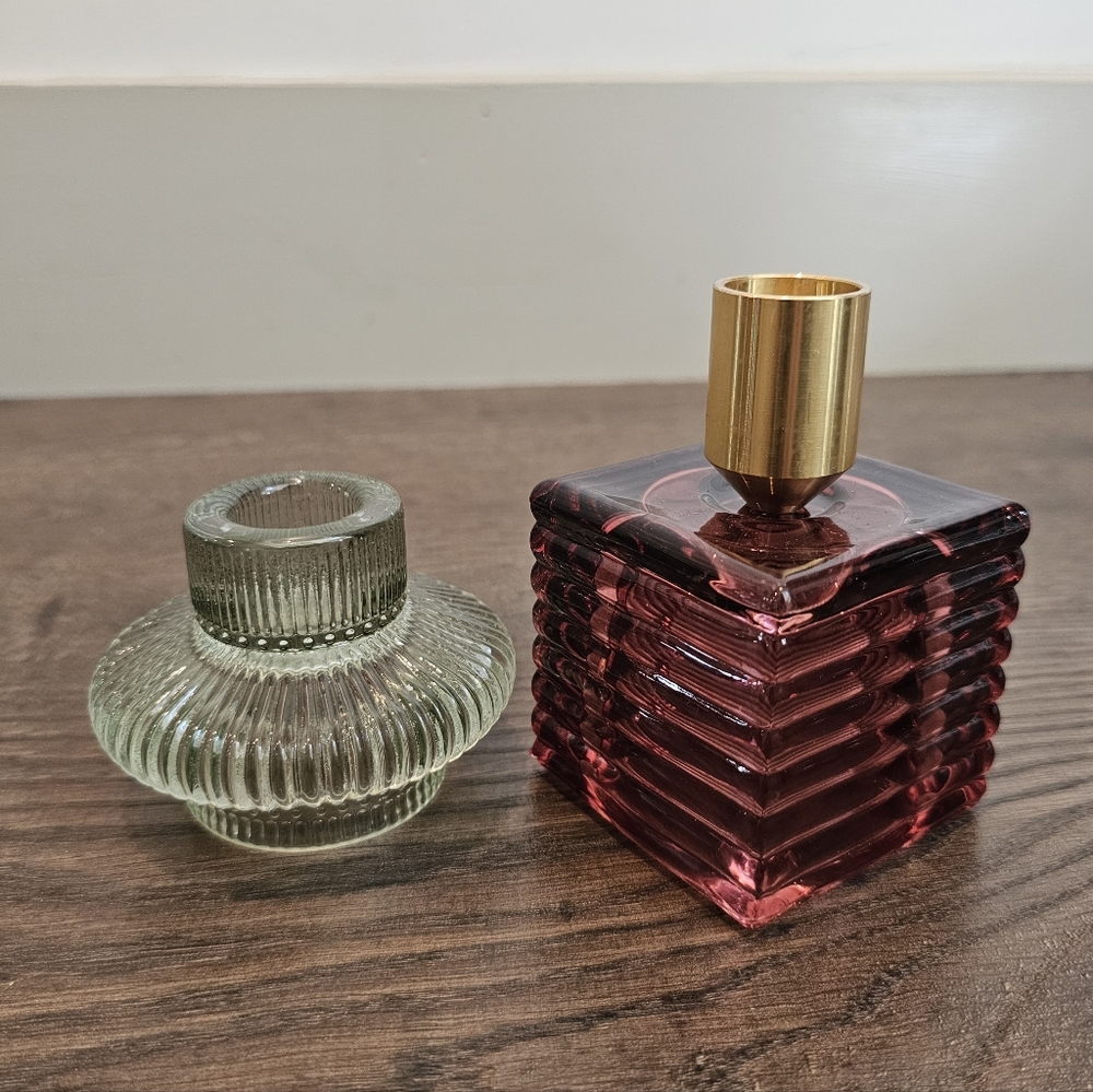 Elegant Glass Candle Holders - Pink and Green